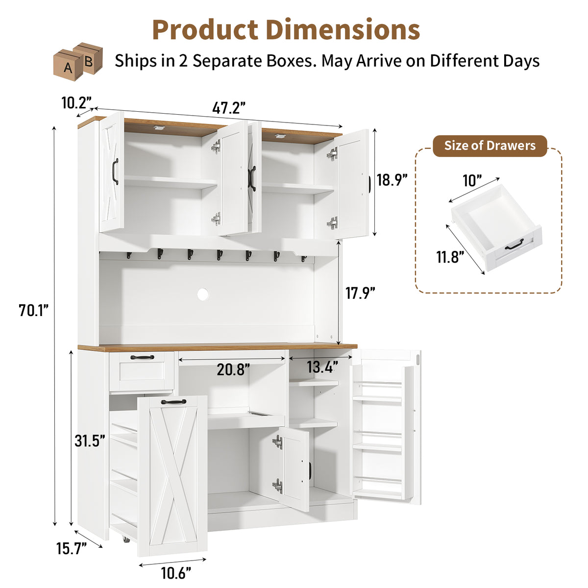 71" Tall Kitchen Pantry Cabinet with Charging Station & LED Lights, Farmhouse Hutch with Pull-Out Tray, Storage Cart, Drawer & Adjustable Shelves, White