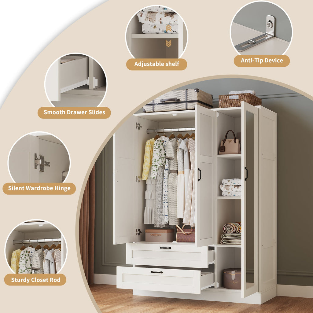 5-in-1 Armoire Wardrobe Closet with Full Length Acrylic Mirror & 2 Drawers, White - Vektaya - VektayaStorage CabinetYG001-WH