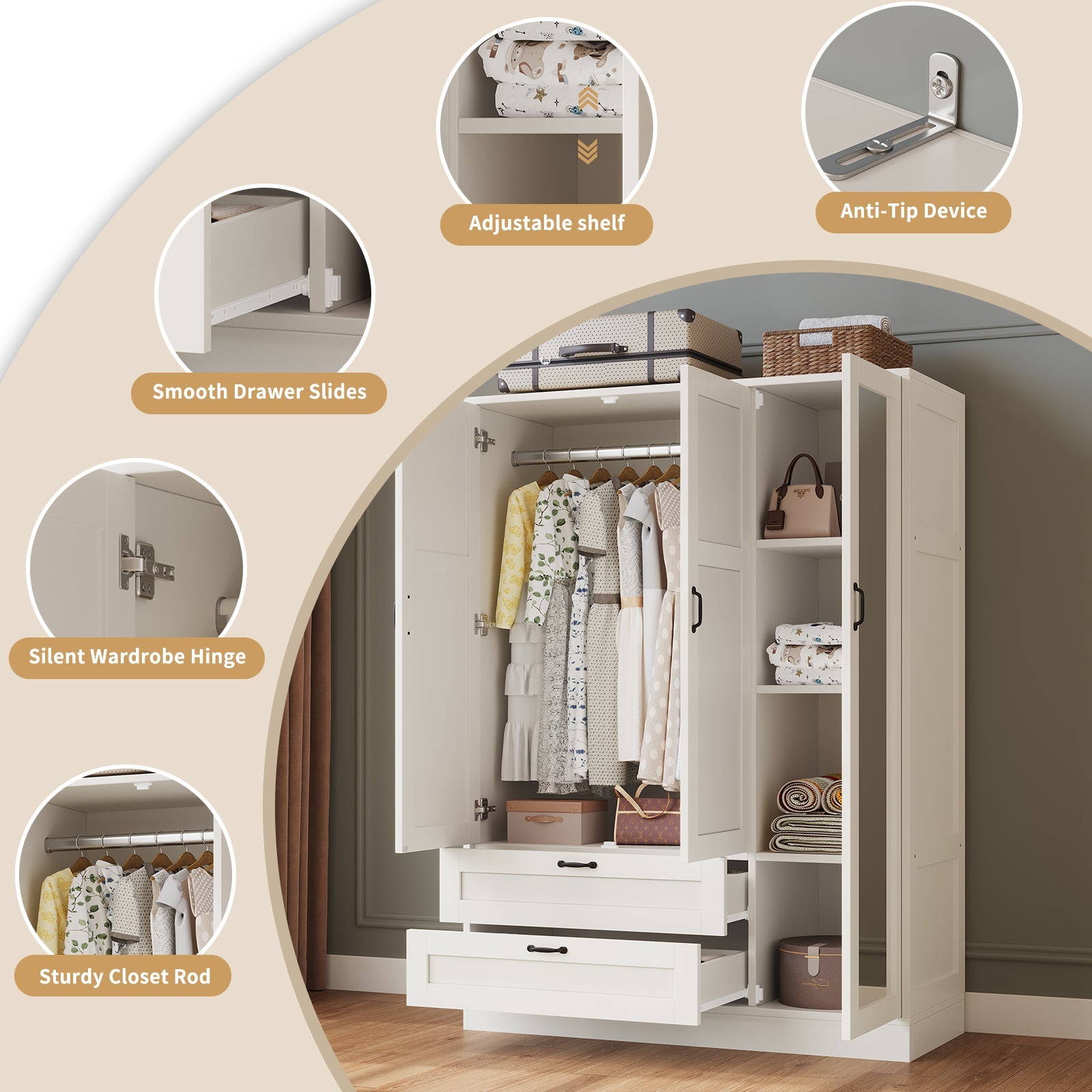5-in-1 Armoire Wardrobe Closet with Full Length Acrylic Mirror & 2 Drawers, White - Vektaya - VektayaStorage CabinetYG001-WH