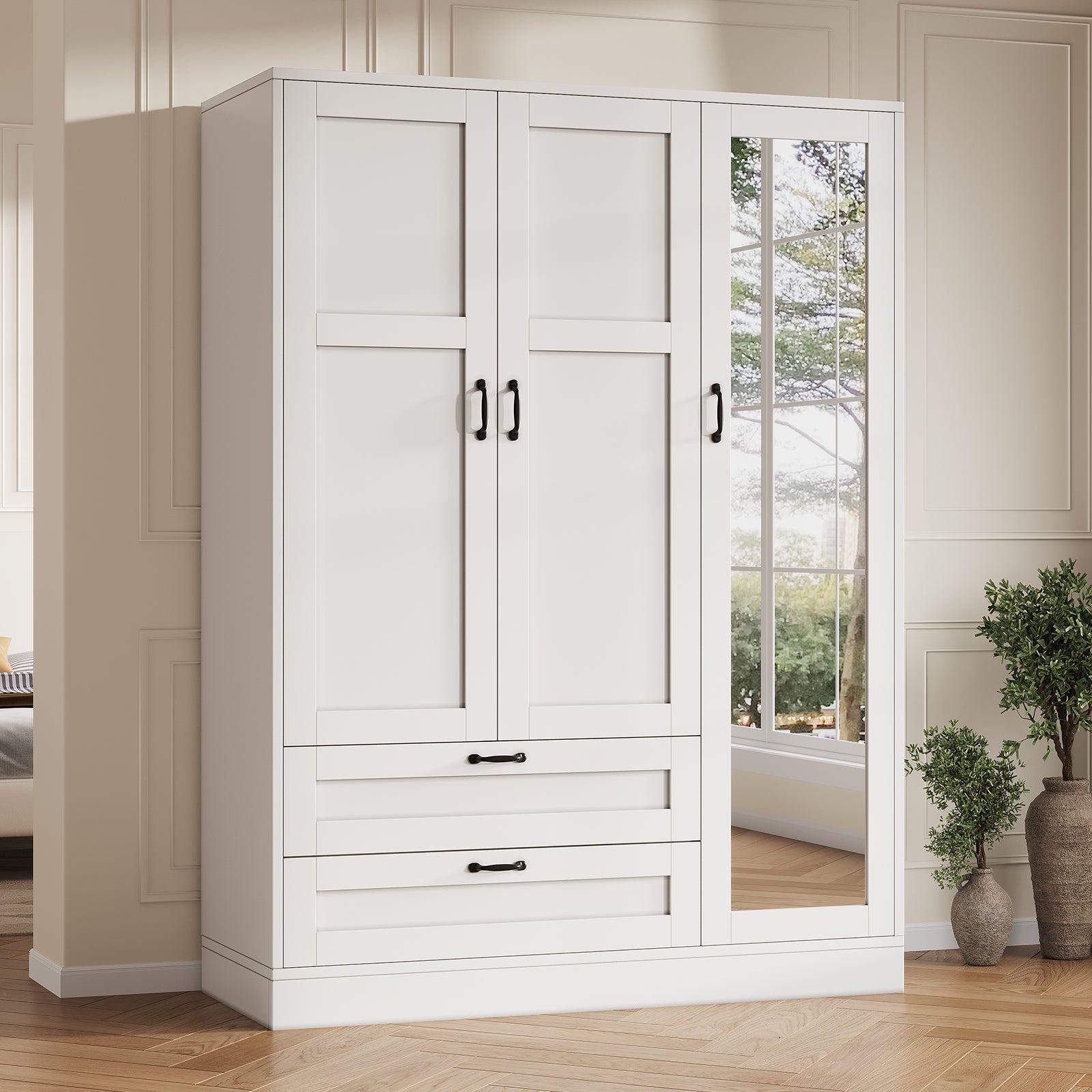 5-in-1 Armoire Wardrobe Closet with Full Length Acrylic Mirror & 2 Drawers, White - Vektaya - VektayaStorage CabinetYG001-WH