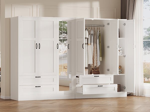 5-in-1 Armoire Wardrobe Closet with Full Length Acrylic Mirror & 2 Drawers, White - Vektaya - VektayaStorage CabinetYG001-WH