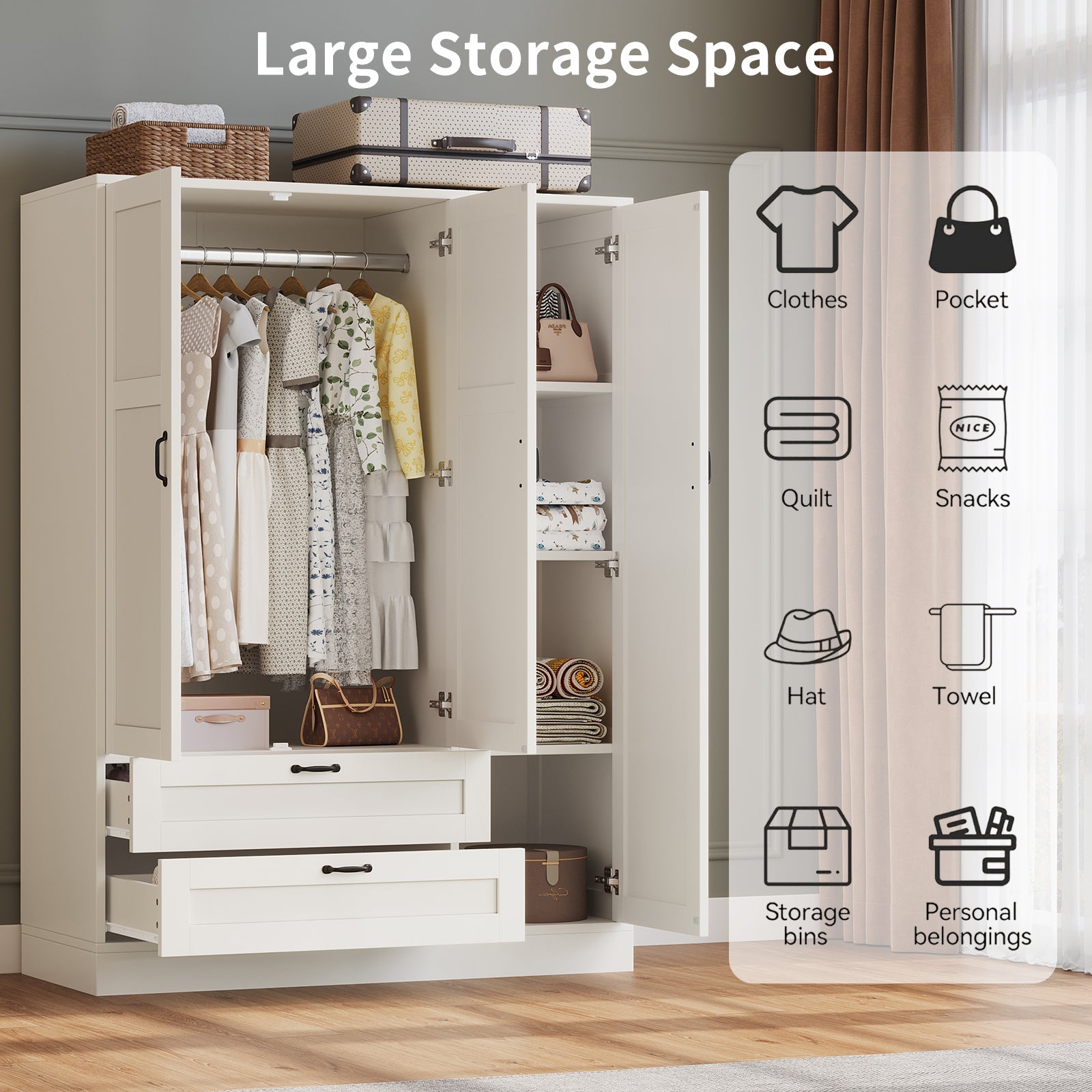 5-in-1 Armoire Wardrobe Closet with Full Length Acrylic Mirror & 2 Drawers, White - Vektaya - VektayaStorage CabinetYG001-WH