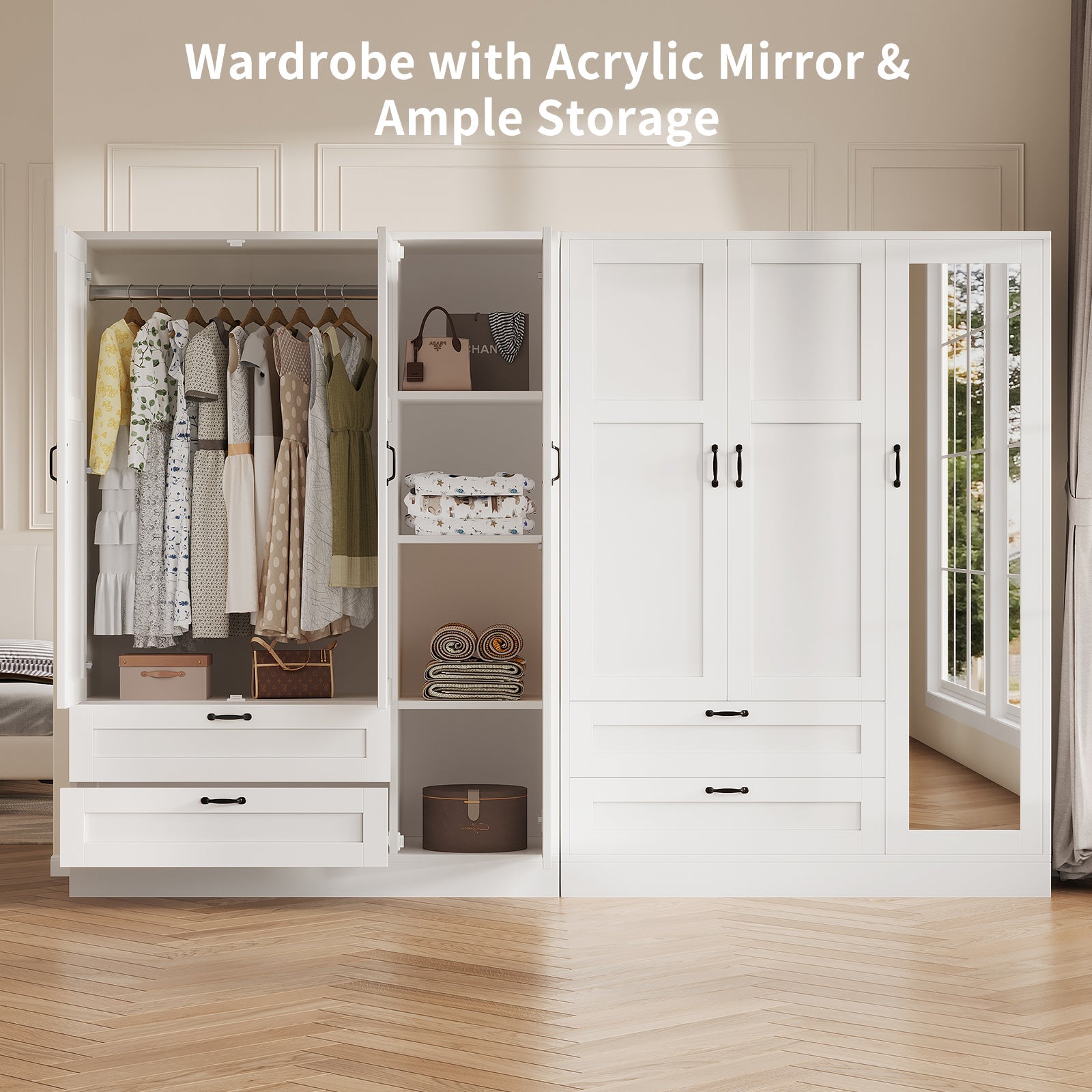 5-in-1 Armoire Wardrobe Closet with Full Length Acrylic Mirror & 2 Drawers, White - Vektaya - VektayaStorage CabinetYG001-WH
