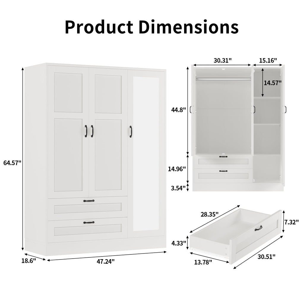 5-in-1 Armoire Wardrobe Closet with Full Length Acrylic Mirror & 2 Drawers, White - Vektaya - VektayaStorage CabinetYG001-WH
