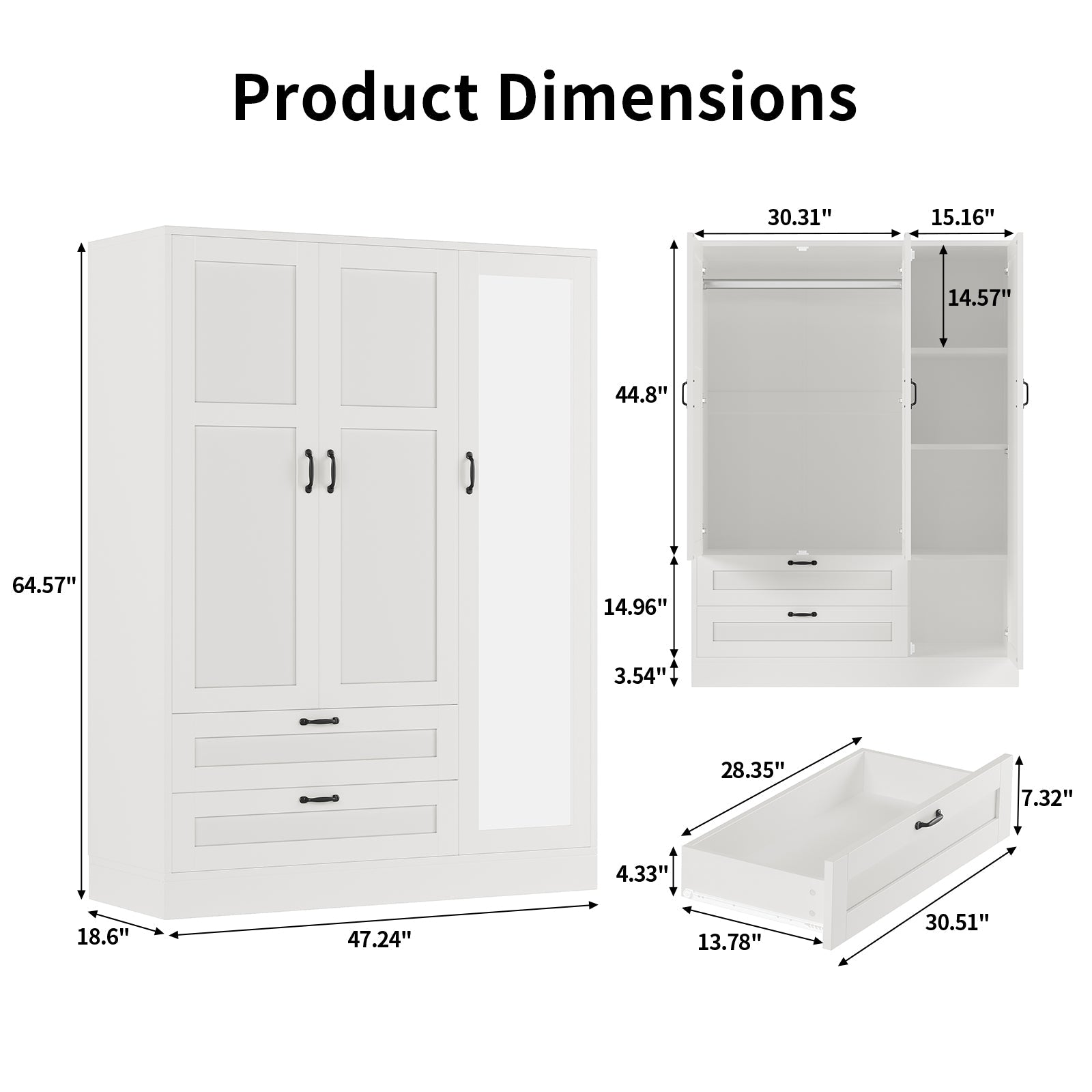 5-in-1 Armoire Wardrobe Closet with Full Length Acrylic Mirror & 2 Drawers, White - Vektaya - VektayaStorage CabinetYG001-WH