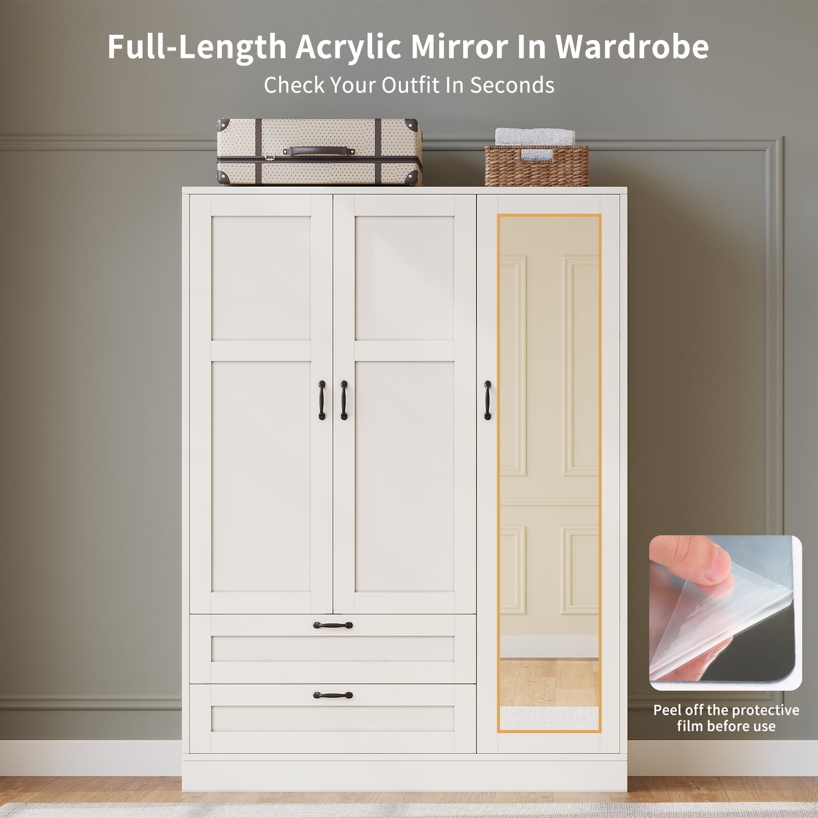5-in-1 Armoire Wardrobe Closet with Full Length Acrylic Mirror & 2 Drawers, White - Vektaya - VektayaStorage CabinetYG001-WH