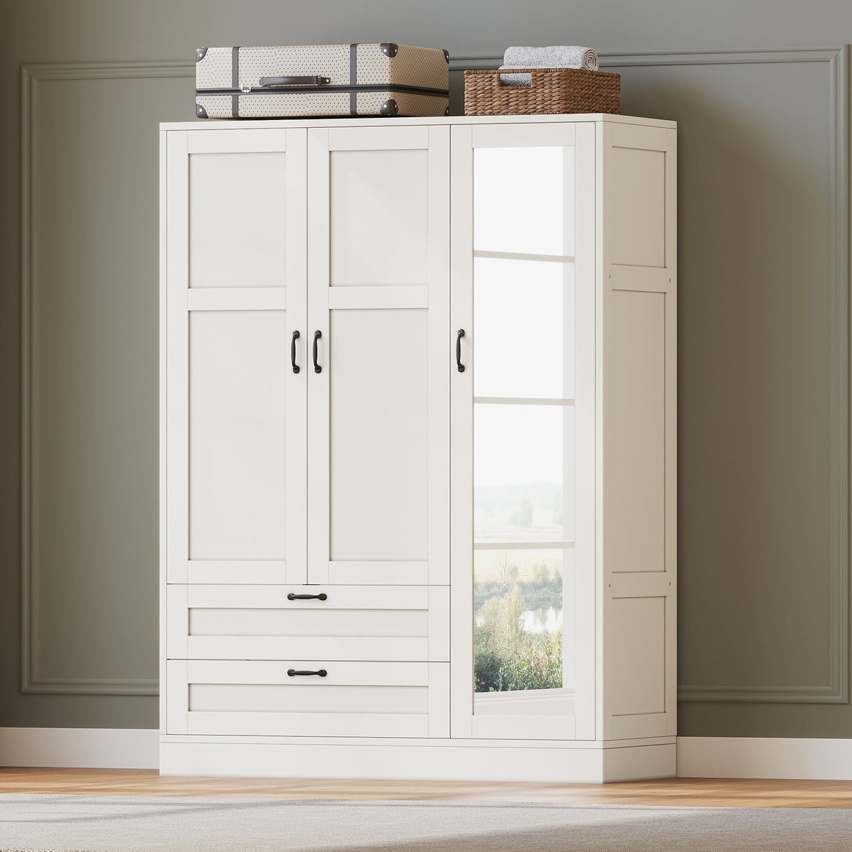 5-in-1 Armoire Wardrobe Closet with Full Length Acrylic Mirror & 2 Drawers, White - Vektaya - VektayaStorage CabinetYG001-WH