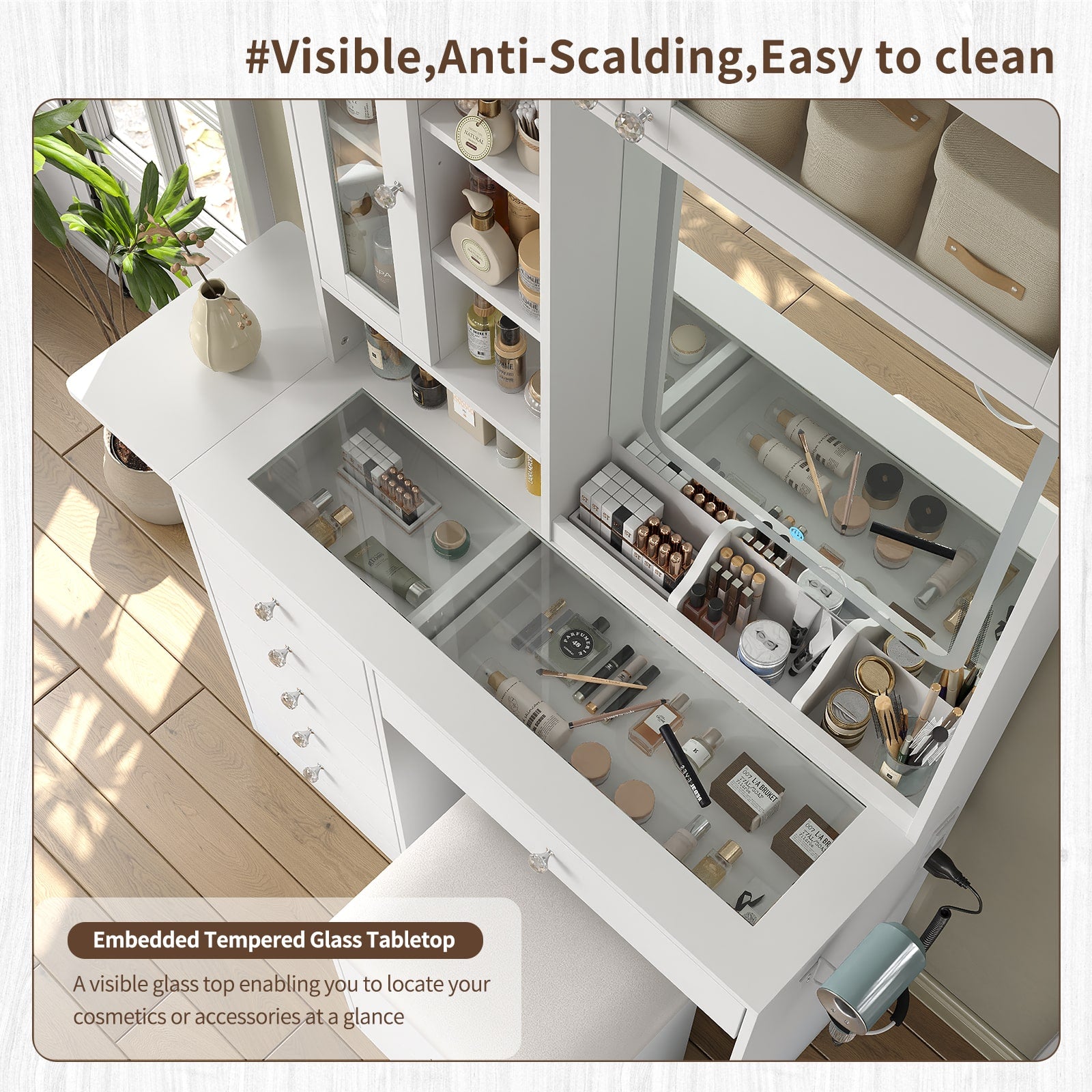 Yanosaku VD022 Vanity Desk with Mirror, Lights, Drawers, Stool, White