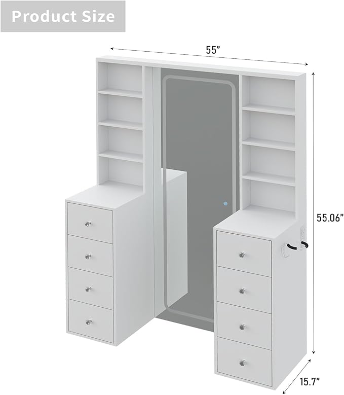 Yanosaku MC001 Vanity Desk with Full Length LED Mirror, Makeup Vanity with Power Outlet, 3 Color Modes, Brightness Adjustable, 8 Drawers with Shelves Vanity Table for Bedroom