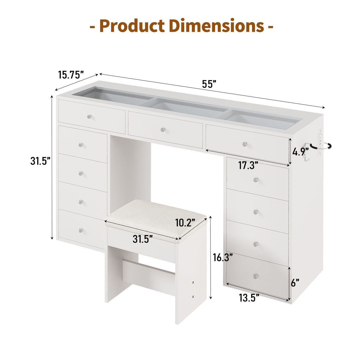55" Vanity Desk Without Mirror, 11-Drawer Makeup Vanity with Glass Top, Built-In Charging Station & Stool, White - YanosakuUS-VD045-WE