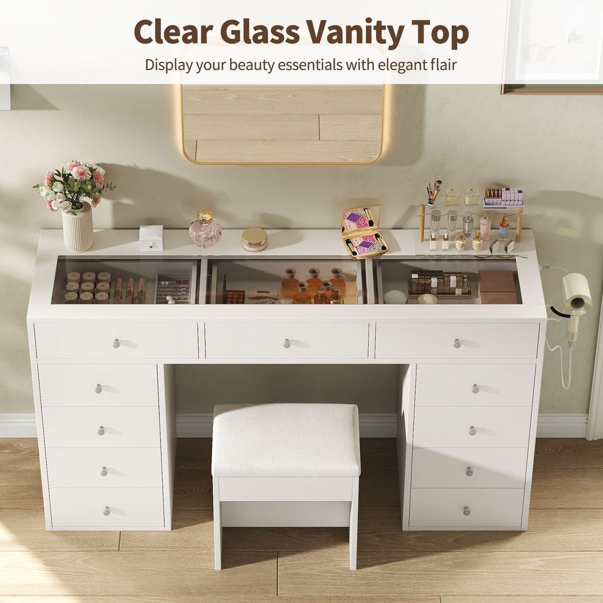 55" Vanity Desk Without Mirror, 11-Drawer Makeup Vanity with Glass Top, Built-In Charging Station & Stool, White - YanosakuUS-VD045-WE