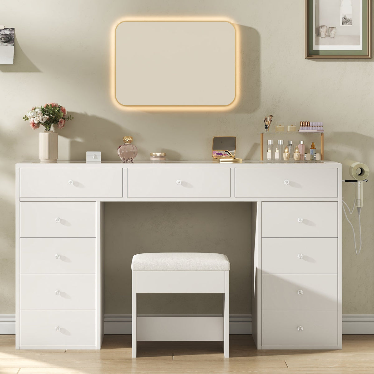 55" Vanity Desk Without Mirror, 11-Drawer Makeup Vanity with Glass Top, Built-In Charging Station & Stool, White - YanosakuUS-VD045-WE