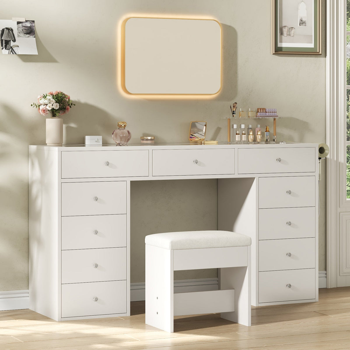 55" Vanity Desk Without Mirror, 11-Drawer Makeup Vanity with Glass Top, Built-In Charging Station & Stool, White - YanosakuUS-VD045-WE