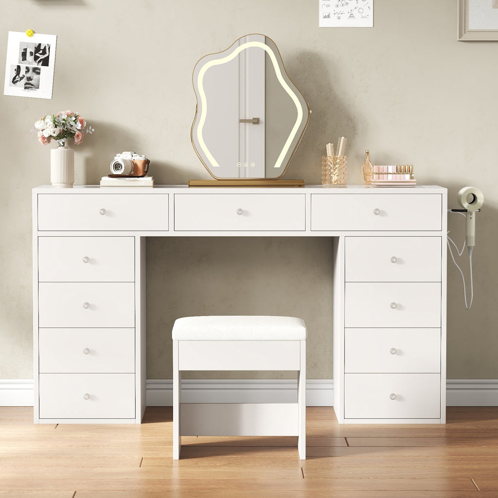 55" Vanity Desk Without Mirror, 11-Drawer Makeup Vanity with Glass Top, Built-In Charging Station & Stool, White - YanosakuUS-VD045-WE