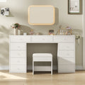 55" Vanity Desk Without Mirror, 11-Drawer Makeup Vanity with Glass Top, Built-In Charging Station & Stool, White - YanosakuUS-VD045-WE