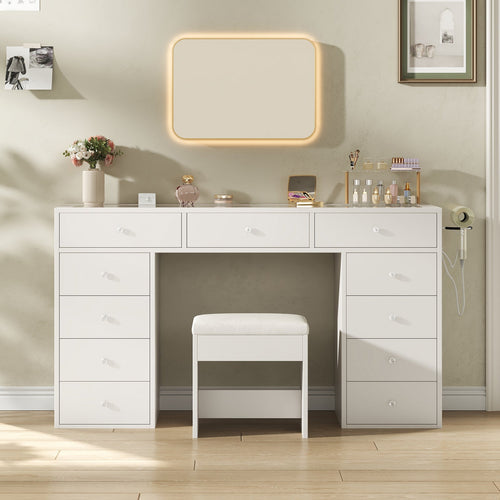 55" Vanity Desk Without Mirror, 11-Drawer Makeup Vanity with Glass Top, Built-In Charging Station & Stool, White - YanosakuUS-VD045-WE