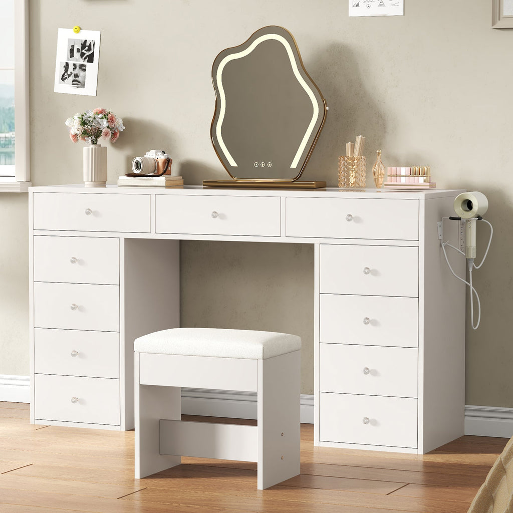 55" Vanity Desk Without Mirror, 11-Drawer Makeup Vanity with Glass Top, Built-In Charging Station & Stool, White - YanosakuUS-VD045-WE