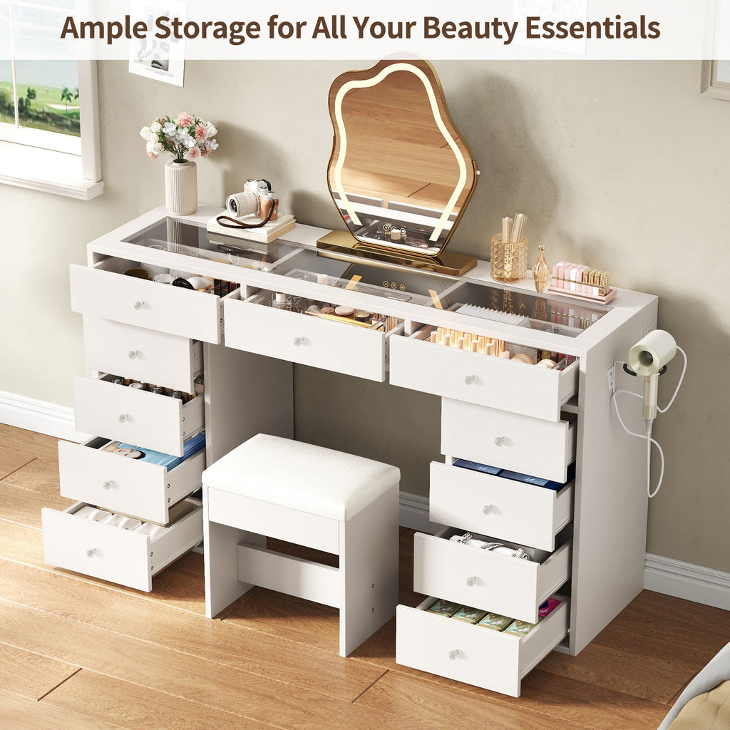 55" Vanity Desk Without Mirror, 11-Drawer Makeup Vanity with Glass Top, Built-In Charging Station & Stool, White - YanosakuUS-VD045-WE