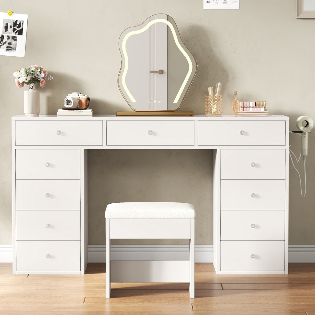 55" Vanity Desk Without Mirror, 11-Drawer Makeup Vanity with Glass Top, Built-In Charging Station & Stool, White - YanosakuUS-VD045-WE
