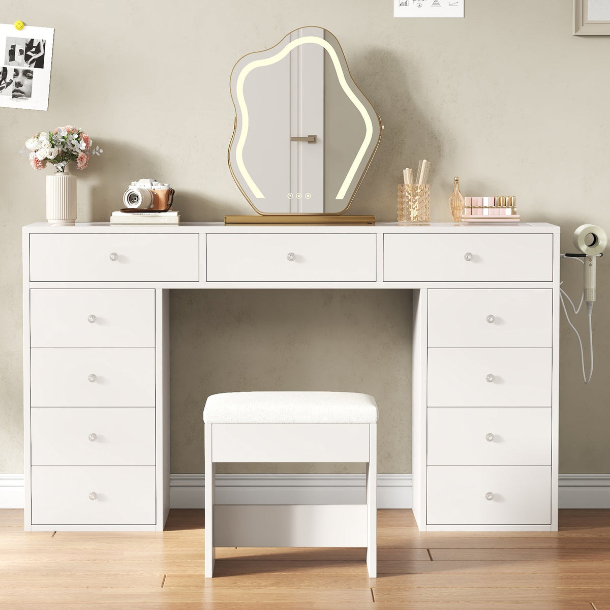 55" Vanity Desk Without Mirror, 11-Drawer Makeup Vanity with Glass Top, Built-In Charging Station & Stool, White - YanosakuUS-VD045-WE
