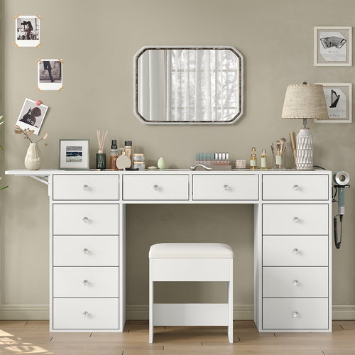 55" W Vanity Desk Without Mirror, 12-Drawer Makeup Vanity with Glass Top & Built-In Charging Station, Large Makeup Table for Bedroom - YanosakuVD044-WH