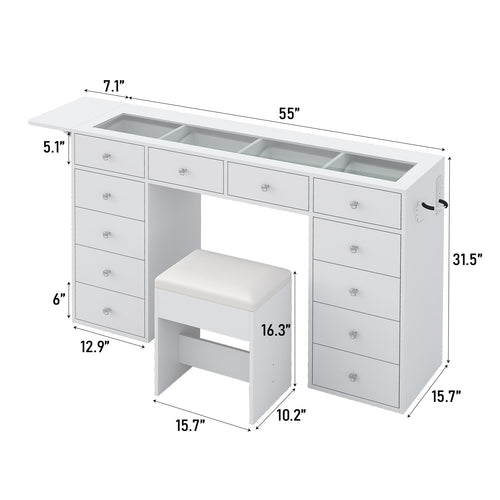 55" W Vanity Desk Without Mirror, 12-Drawer Makeup Vanity with Glass Top & Built-In Charging Station, Large Makeup Table for Bedroom - YanosakuVD044-WH