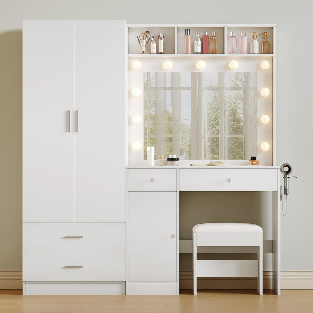 59" Makeup Vanity Desk with Wardrobe, LED Mirror & 11 Bulbs, 6 Drawers, Glass Top, Adjustable Shelves and Power Outlet, White - YanosakuUS-VD047-WE