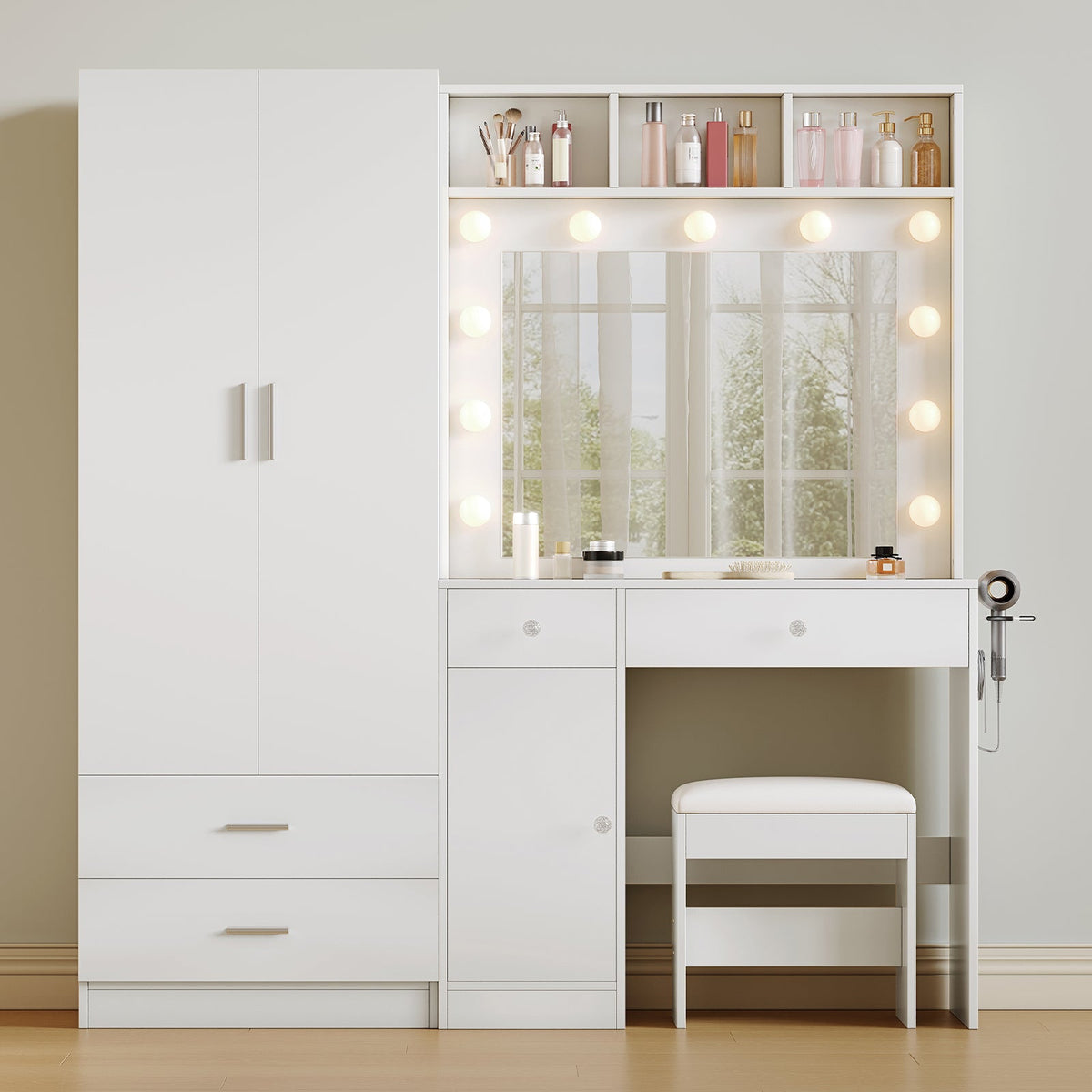 59" Makeup Vanity Desk with Wardrobe, LED Mirror & 11 Bulbs, 6 Drawers, Glass Top, Adjustable Shelves and Power Outlet, White - YanosakuUS-VD047-WE