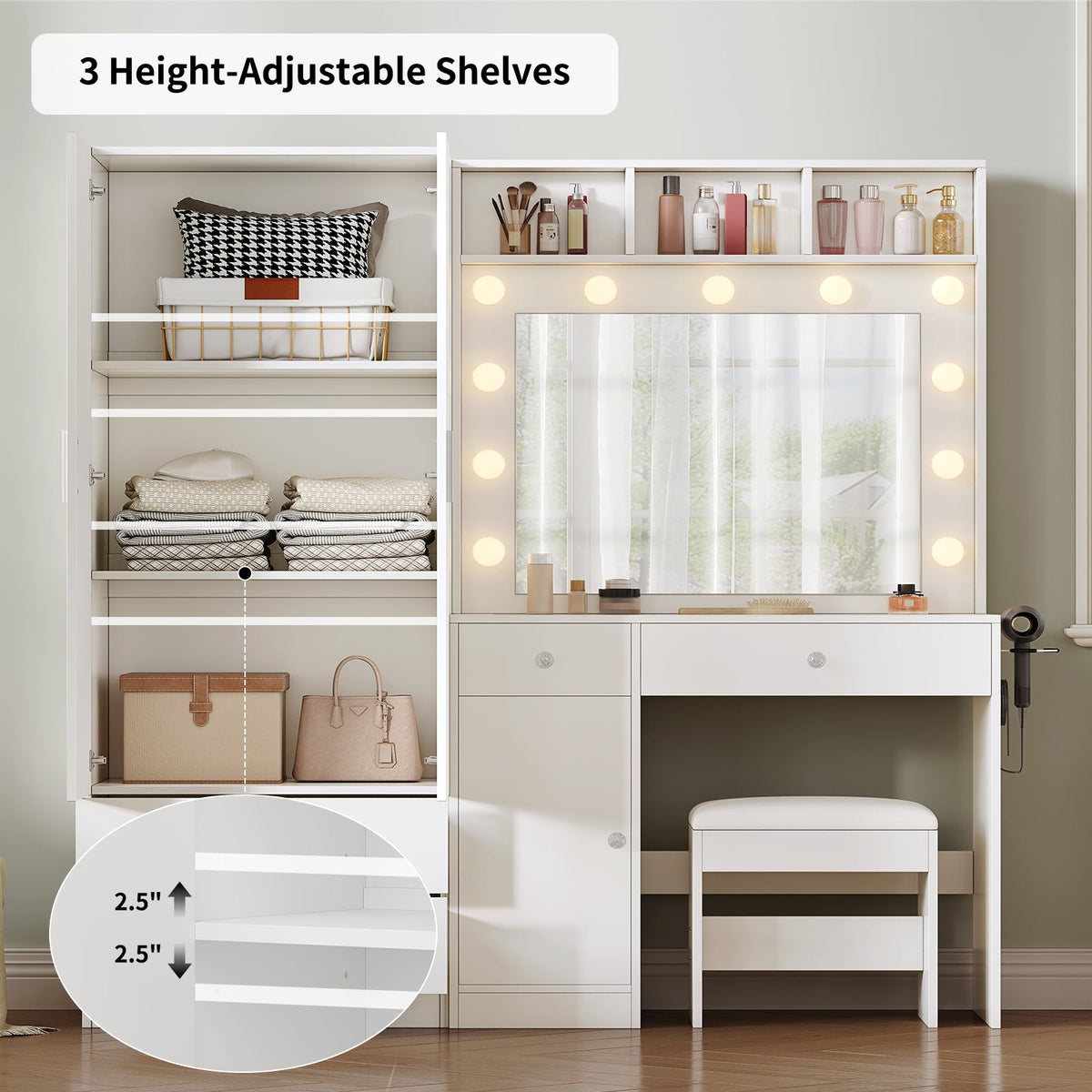 59" Makeup Vanity Desk with Wardrobe, LED Mirror & 11 Bulbs, 6 Drawers, Glass Top, Adjustable Shelves and Power Outlet, White - YanosakuUS-VD047-WE