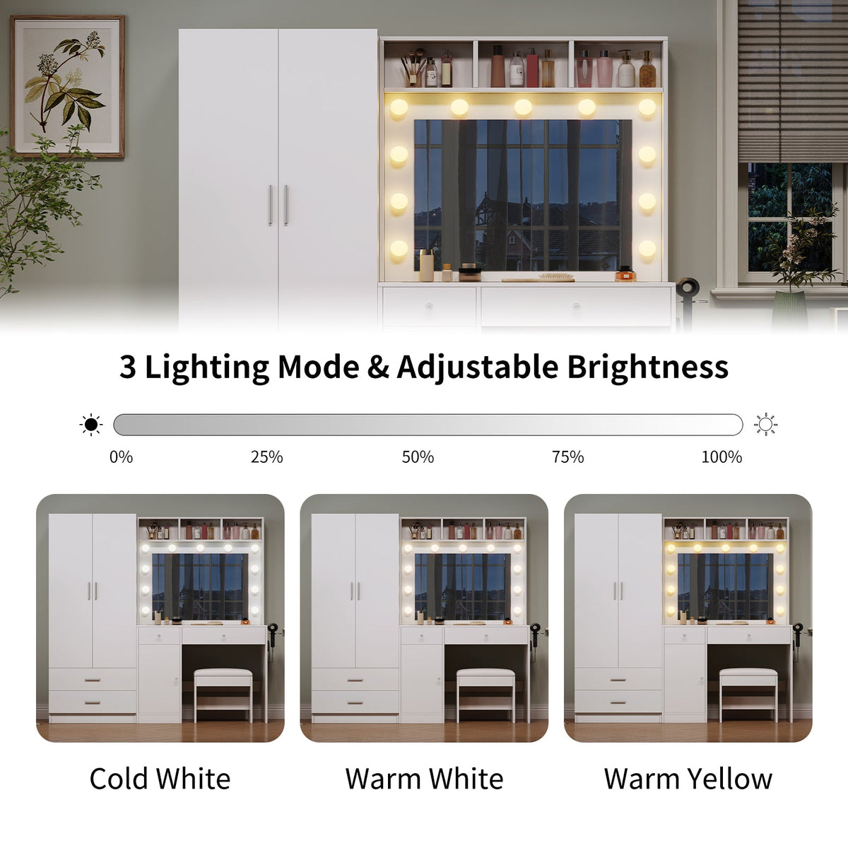 59" Makeup Vanity Desk with Wardrobe, LED Mirror & 11 Bulbs, 6 Drawers, Glass Top, Adjustable Shelves and Power Outlet, White - YanosakuUS-VD047-WE