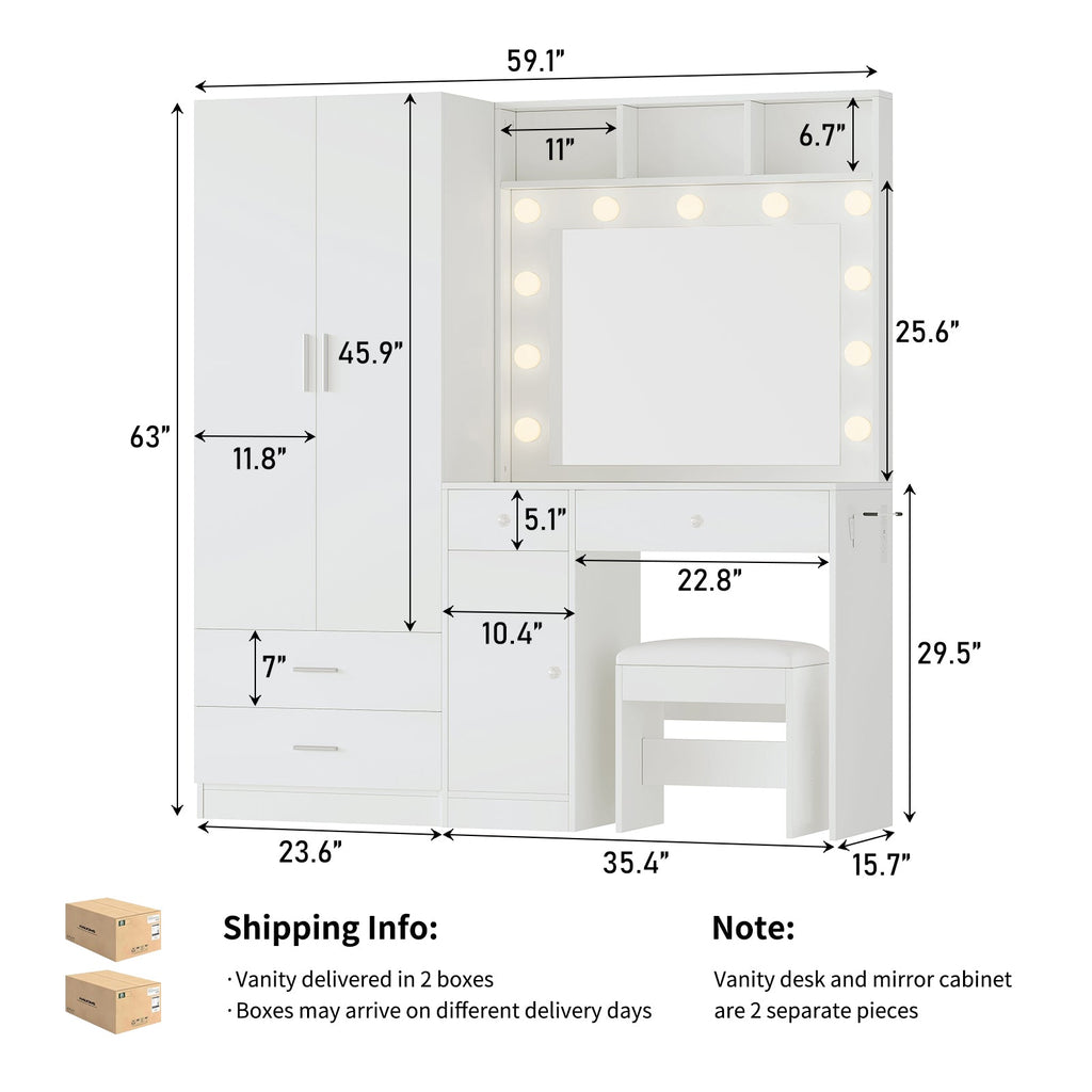 59" Makeup Vanity Desk with Wardrobe, LED Mirror & 11 Bulbs, 6 Drawers, Glass Top, Adjustable Shelves and Power Outlet, White - YanosakuUS-VD047-WE