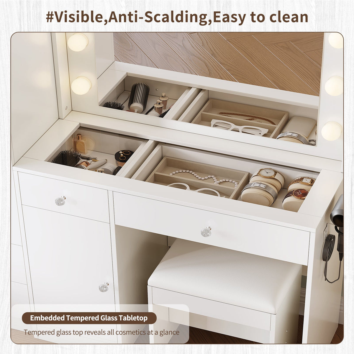 59" Makeup Vanity Desk with Wardrobe, LED Mirror & 11 Bulbs, 6 Drawers, Glass Top, Adjustable Shelves and Power Outlet, White - YanosakuUS-VD047-WE