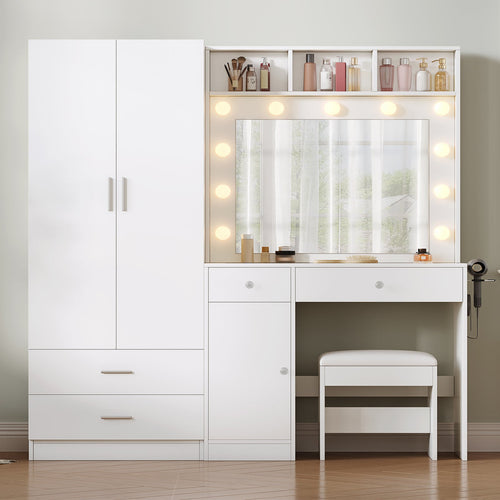 59" Makeup Vanity Desk with Wardrobe, LED Mirror & 11 Bulbs, 6 Drawers, Glass Top, Adjustable Shelves and Power Outlet, White - YanosakuUS-VD047-WE