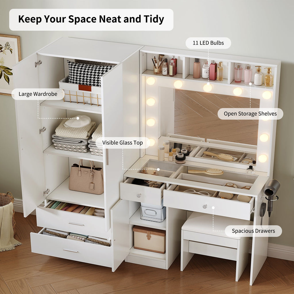 59" Makeup Vanity Desk with Wardrobe, LED Mirror & 11 Bulbs, 6 Drawers, Glass Top, Adjustable Shelves and Power Outlet, White - YanosakuUS-VD047-WE