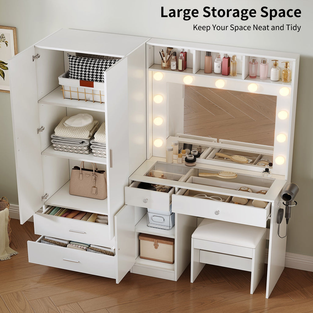 59" Makeup Vanity Desk with Wardrobe, LED Mirror & 11 Bulbs, 6 Drawers, Glass Top, Adjustable Shelves and Power Outlet, White - YanosakuUS-VD047-WE