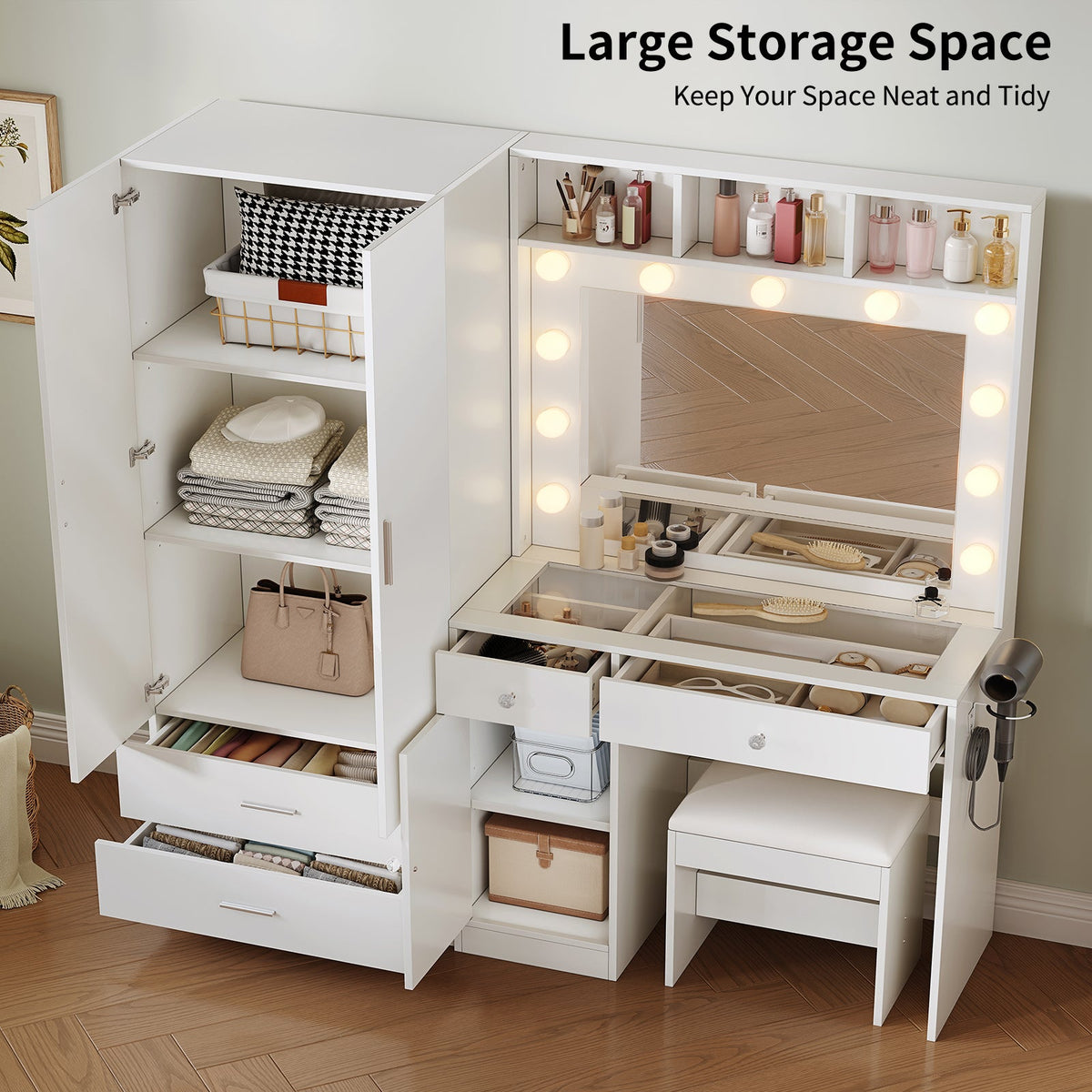 59" Makeup Vanity Desk with Wardrobe, LED Mirror & 11 Bulbs, 6 Drawers, Glass Top, Adjustable Shelves and Power Outlet, White - YanosakuUS-VD047-WE