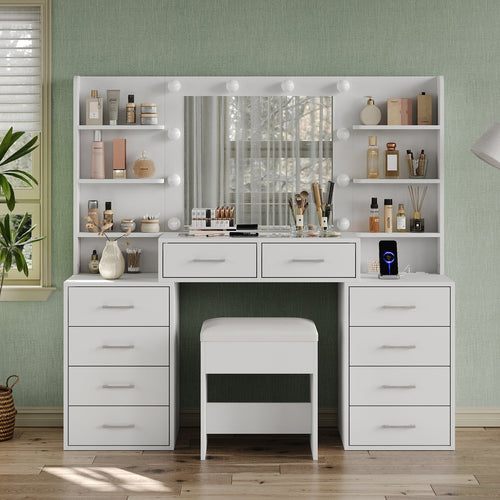 59" W Large Makeup Vanity Desk with LED Mirror, 8 Drawers & 2 Cabinets, Glass Top, Power Outlet, 3-Color Dimmable Lights & Chair for Bedroom - YanosakuUS-VD041-WH