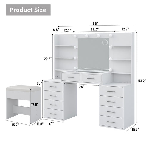 59" W Large Makeup Vanity Desk with LED Mirror, 8 Drawers & 2 Cabinets, Glass Top, Power Outlet, 3-Color Dimmable Lights & Chair for Bedroom - YanosakuUS-VD041-WH