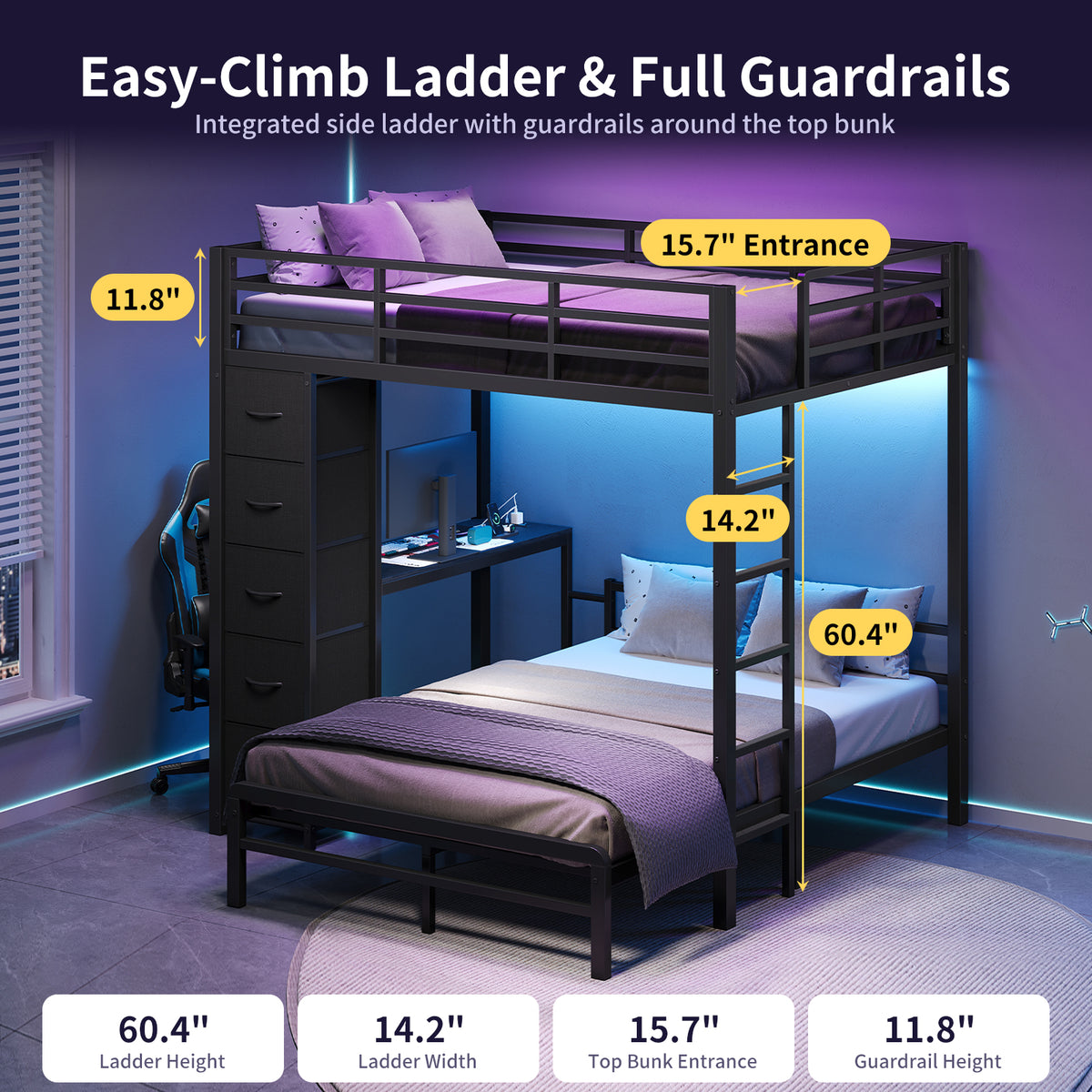 Full Over Full L-Shaped Metal Bunk Bed with Desk, LED Lights, Charging Station & Storage Drawers, Black