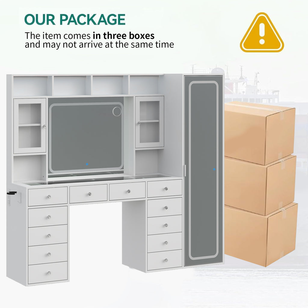 71" W Extra-Large Vanity Desk with Full-Length & LED Makeup Mirrors, 12 Drawers, 2 Cabinets, Power Outlet, 3-Color Dimmable Lights & Stool, White