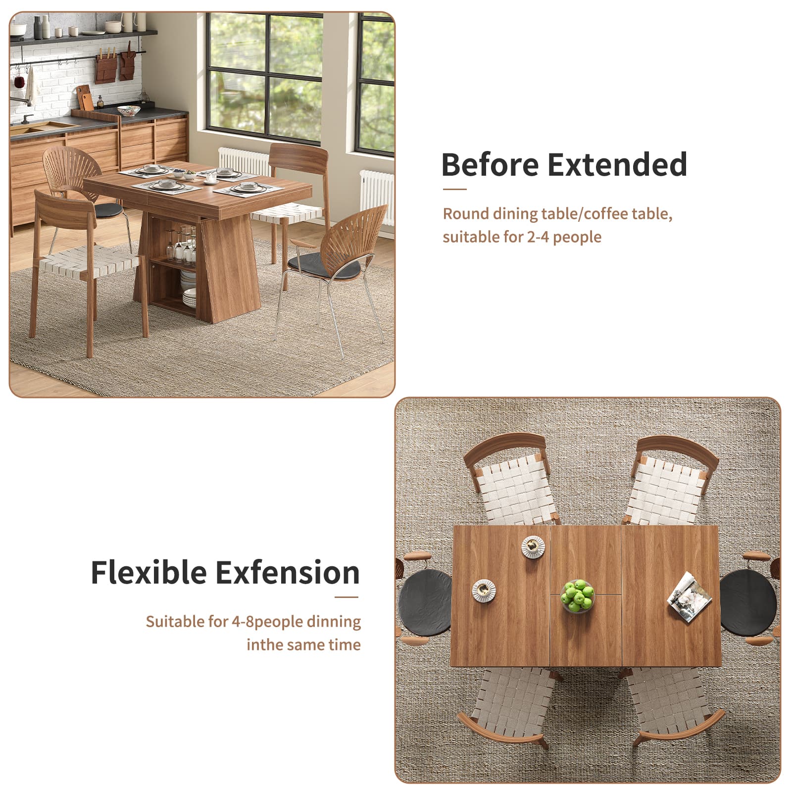 DT005-WA 43.3"–59" Extendable Dining Table, Rectangular Kitchen Table with Storage