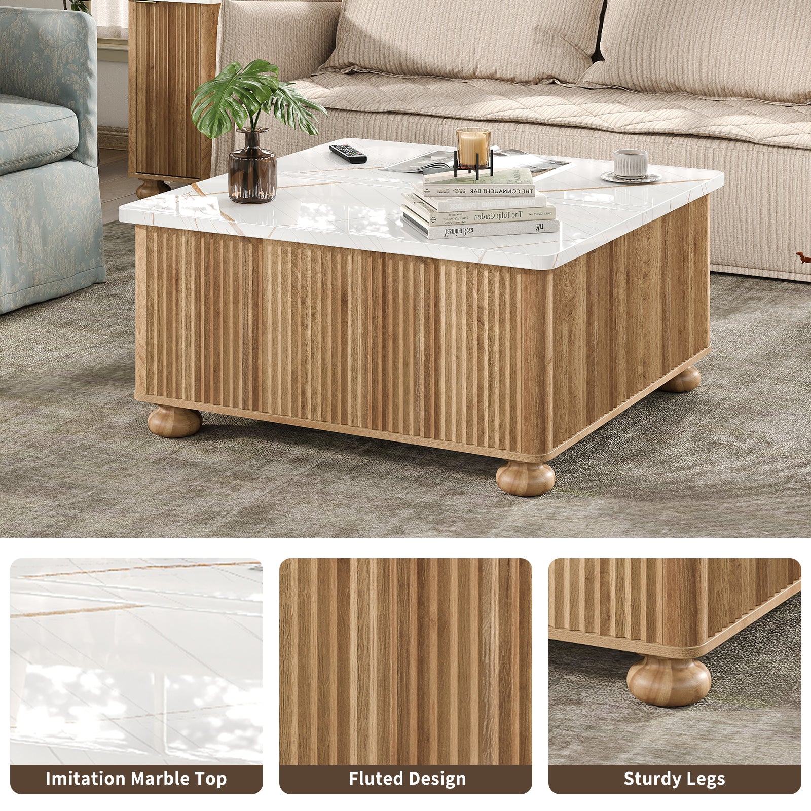 Yanosaku CT001 Lift Top Coffee Table with Storage, Square Coffee Tables with Faux-Marble Top for Living Room, Living Room Center Tables with Large Hidden Space for Bedroom, Home Office
