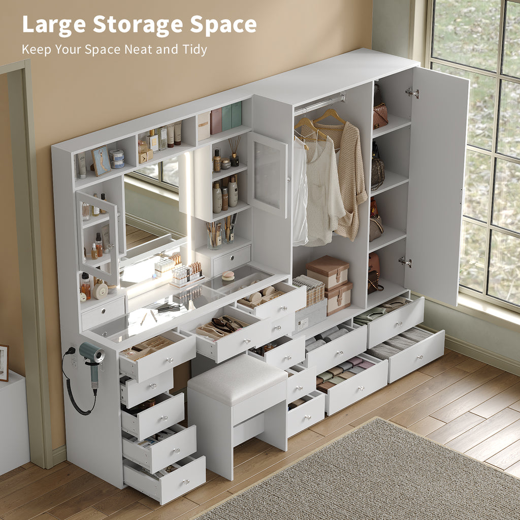 87" W Large Vanity Desk with LED Mirror & Wardrobe, Spacious Makeup Vanity Table with Ample Storage, White