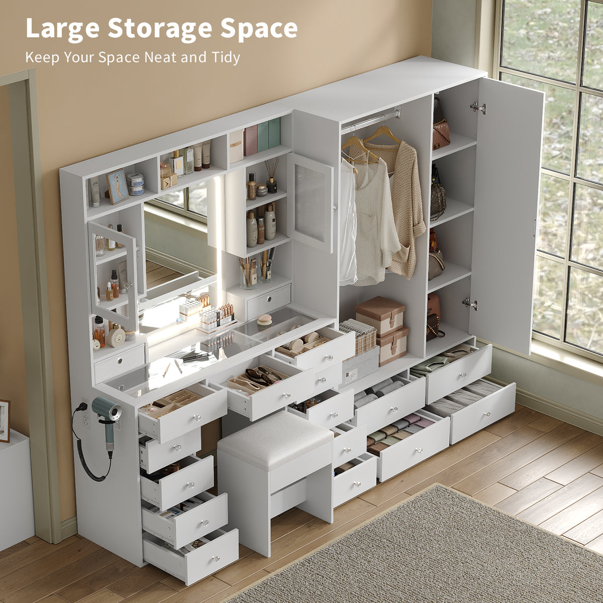 87" W Large Vanity Desk with LED Mirror & Wardrobe, Spacious Makeup Vanity Table with Ample Storage, White