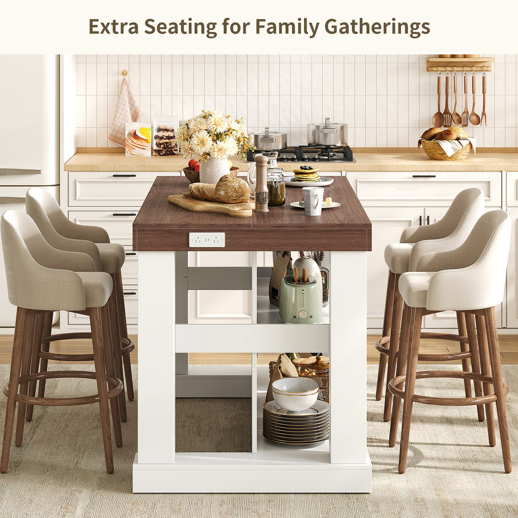55" W Kitchen Island with Storage & Seating, Farmhouse Kitchen Island Table with Power Outlets, Open Shelves & Large Countertop, 3-Tier Coffee Bar, Walnut & White