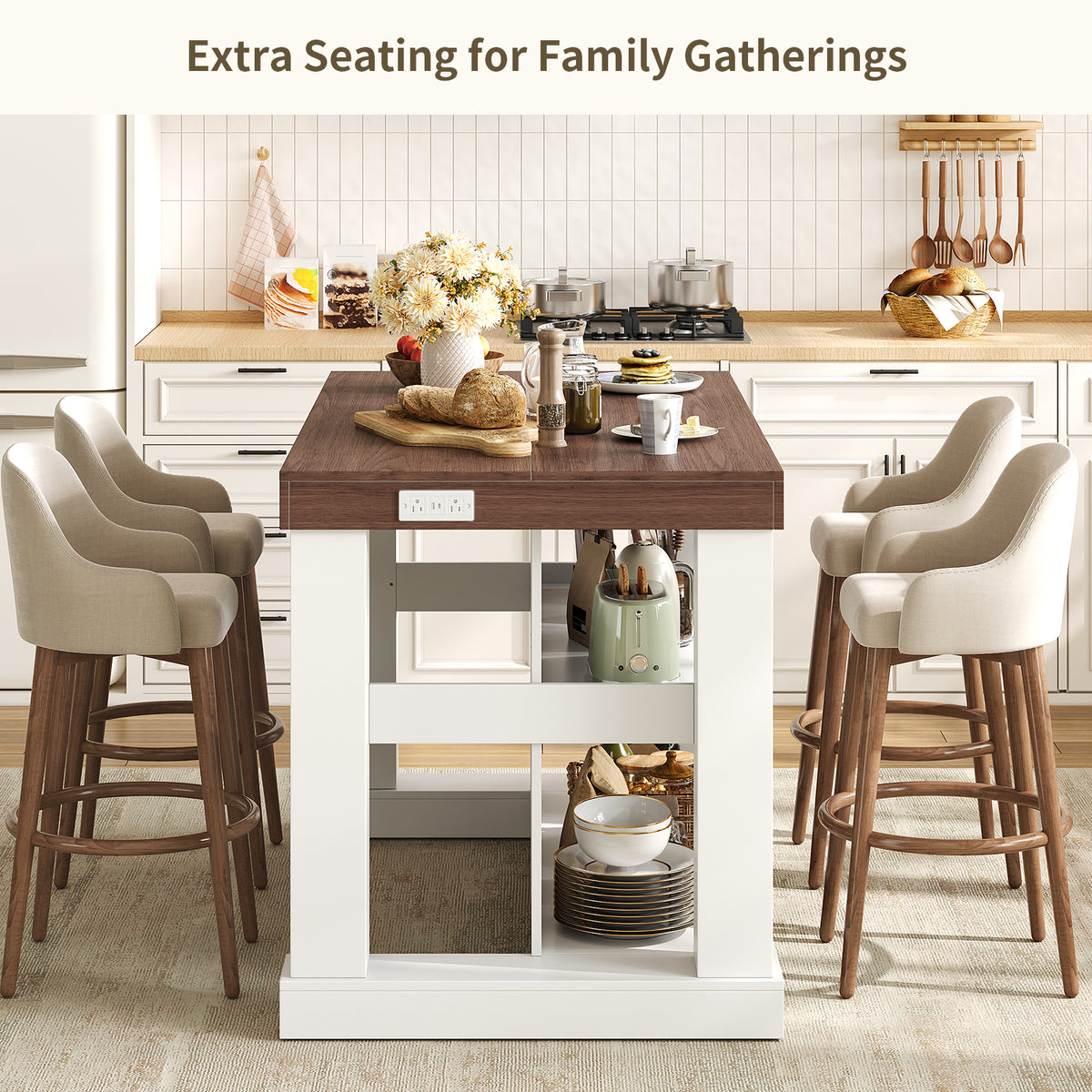55" W Kitchen Island with Storage & Seating, Farmhouse Kitchen Island Table with Power Outlets, Open Shelves & Large Countertop, 3-Tier Coffee Bar, Walnut & White