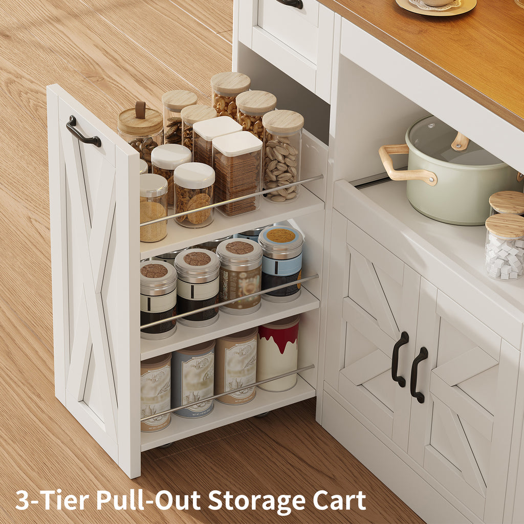 71" Tall Kitchen Pantry Cabinet with Charging Station & LED Lights, Farmhouse Hutch with Pull-Out Tray, Storage Cart, Drawer & Adjustable Shelves, White