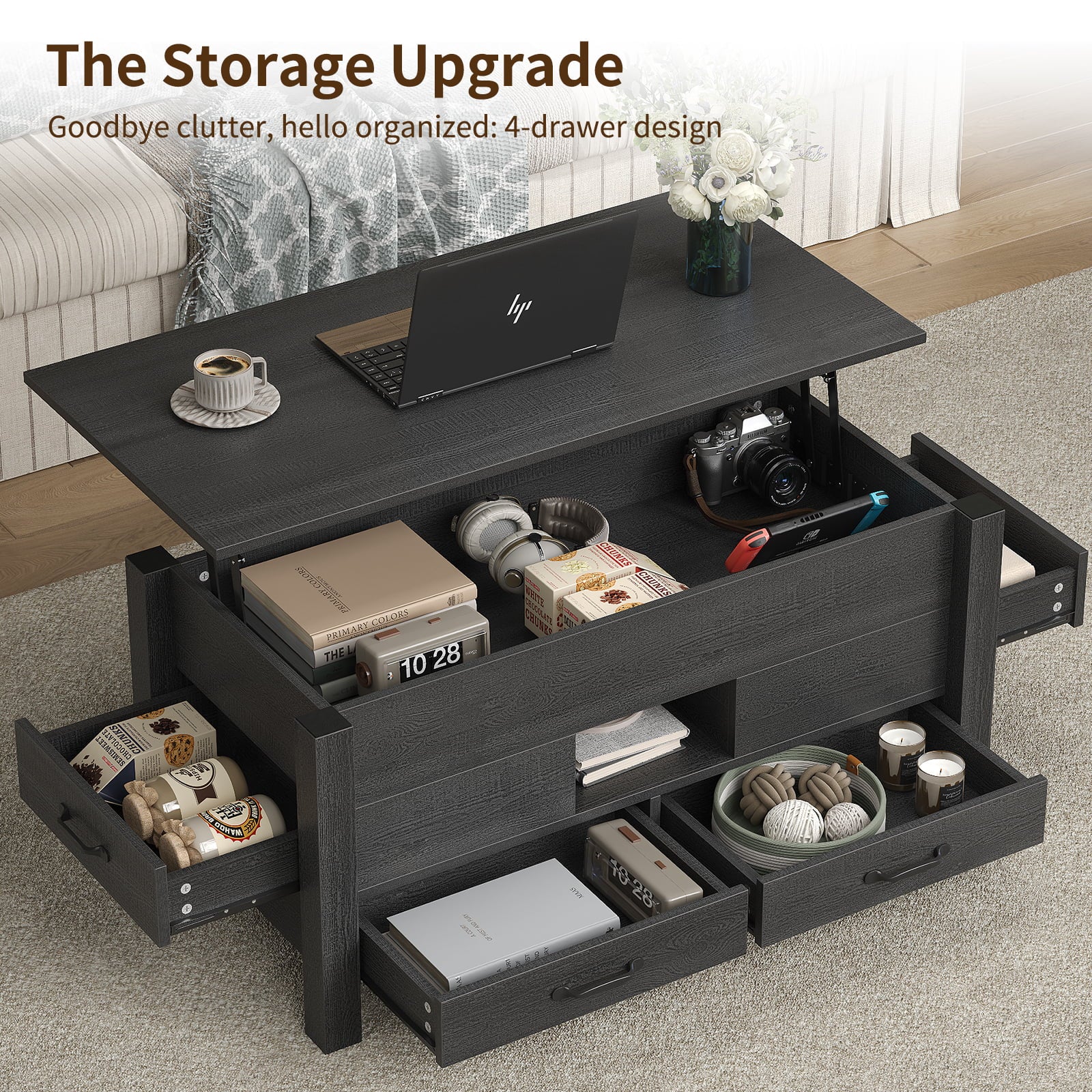 Yanosaku CT002 Lift Top Coffee Table with 4 Drawers & Hidden Compartment, Modern Farmhouse Black