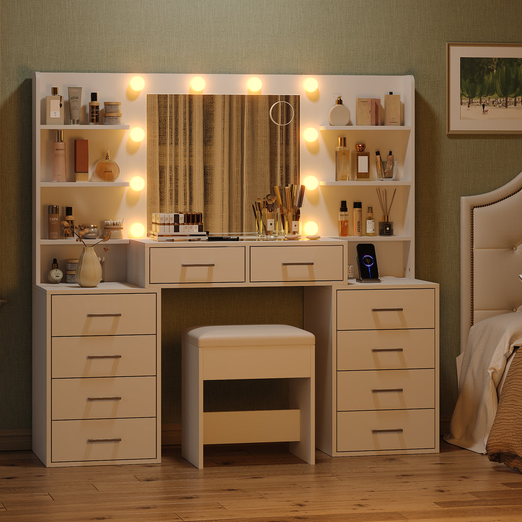 59" W Large Makeup Vanity Desk with LED Mirror, 8 Drawers & 2 Cabinets, Glass Top, Power Outlet, 3-Color Dimmable Lights & Chair for Bedroom