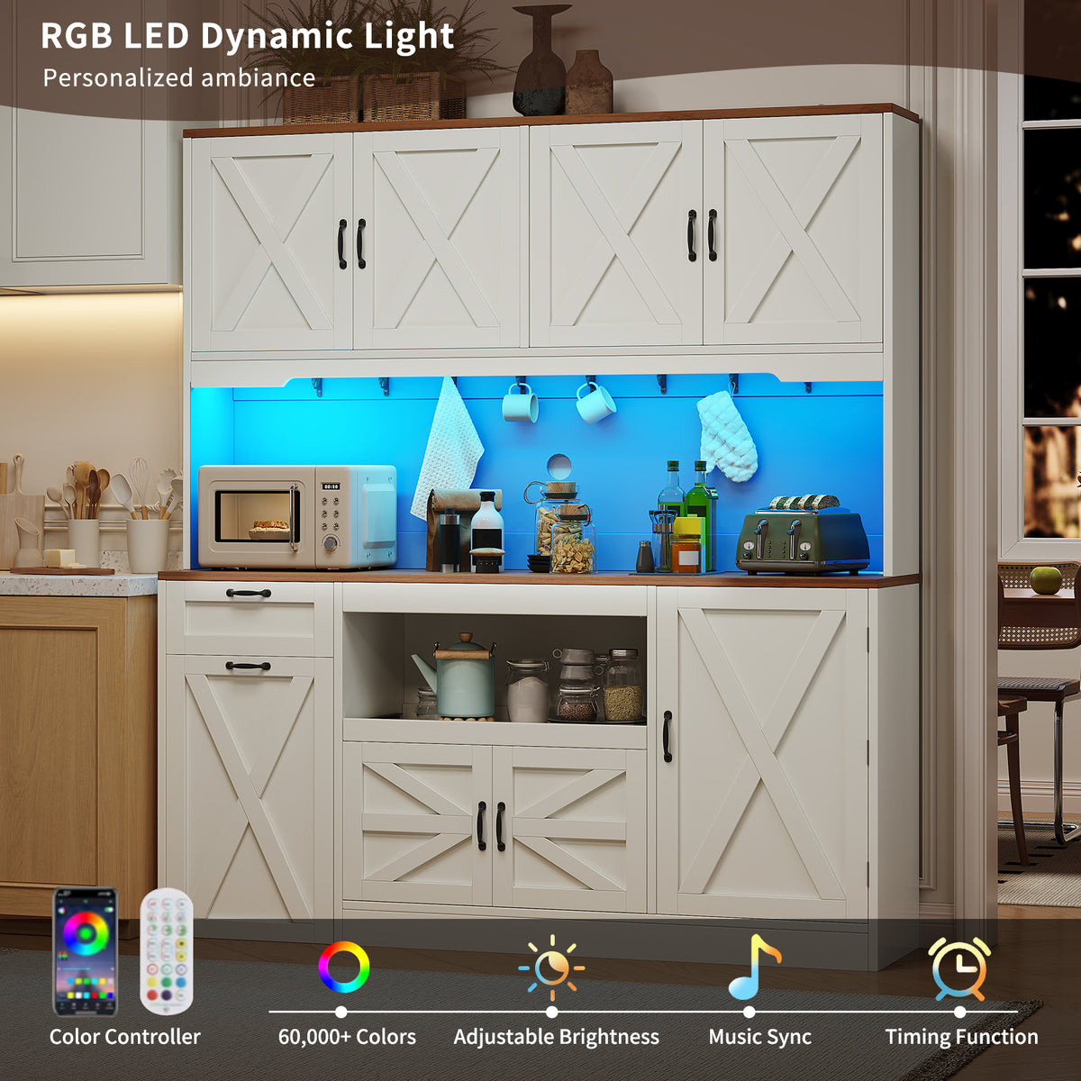 63"W Farmhouse Kitchen Pantry Cabinet, 70" Tall Hutch with RGB LED Lights, Charging Station, Pull-Out Tray & Rolling Cart, White